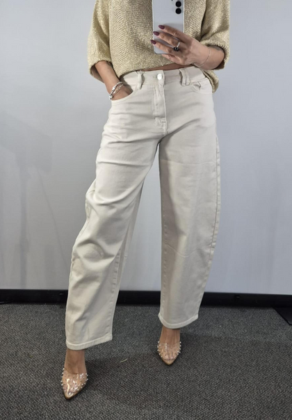 Cream Mid Rise Barrel Leg Jeans