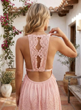 91.Baby Pink Broderie Anglaise Crochet Back Maxi Dress