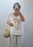Open Crochet Glitter Flower Detailed Top