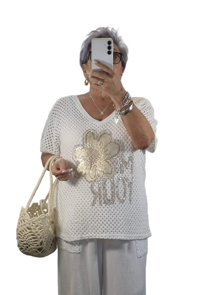White Open Crochet Glitter Flower Detailed Top